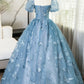 Blue Tulle Lace Floor Length Prom Dress, Elegant A-Line Short Sleeve Evening Party Dress