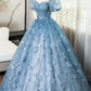 Blue Tulle Lace Floor Length Prom Dress, Elegant A-Line Short Sleeve Evening Party Dress