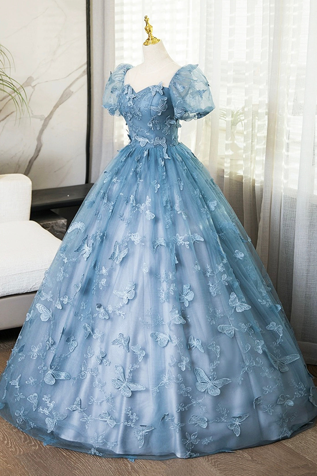 Blue Tulle Lace Floor Length Prom Dress, Elegant A-Line Short Sleeve Evening Party Dress