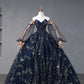 Navy Blue Star Tulle Floor Prom Dress, A-Line Long Sleeve Evening Formal Dress
