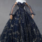 Navy Blue Star Tulle Floor Prom Dress, A-Line Long Sleeve Evening Formal Dress