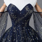 Navy Blue Star Tulle Floor Prom Dress, A-Line Long Sleeve Evening Formal Dress