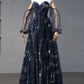 Navy Blue Star Tulle Floor Prom Dress, A-Line Long Sleeve Evening Formal Dress