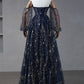 Navy Blue Star Tulle Floor Prom Dress, A-Line Long Sleeve Evening Formal Dress