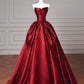 Burgundy Satin Long Prom Dress, Burgundy A-Line Strapless Evening Party Dress
