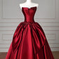 Burgundy Satin Long Prom Dress, Burgundy A-Line Strapless Evening Party Dress