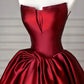 Burgundy Satin Long Prom Dress, Burgundy A-Line Strapless Evening Party Dress
