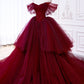 Burgundy Tulle Beaded Long Prom Gown, A-Line Off the Shoulder Formal Party Gown