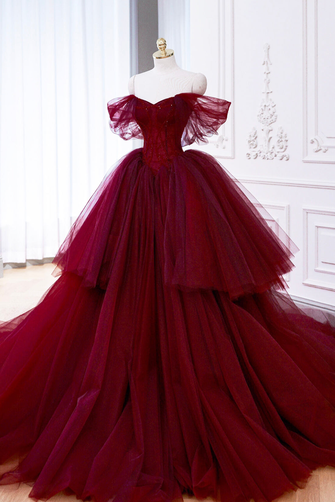 Burgundy Tulle Beaded Long Prom Gown, A-Line Off the Shoulder Formal Party Gown