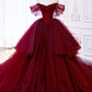 Burgundy Tulle Beaded Long Prom Gown, A-Line Off the Shoulder Formal Party Gown