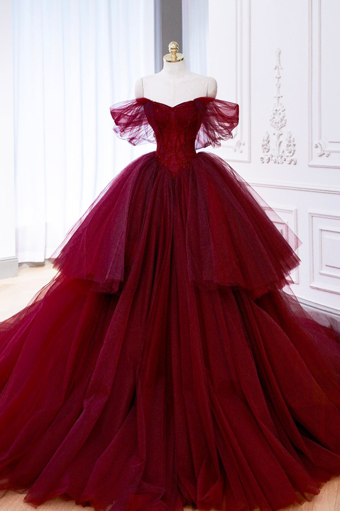 Burgundy Tulle Beaded Long Prom Gown, A-Line Off the Shoulder Formal Party Gown