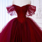 Burgundy Tulle Beaded Long Prom Gown, A-Line Off the Shoulder Formal Party Gown