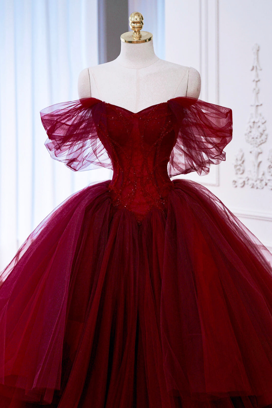 Burgundy Tulle Beaded Long Prom Gown, A-Line Off the Shoulder Formal Party Gown