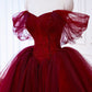 Burgundy Tulle Beaded Long Prom Gown, A-Line Off the Shoulder Formal Party Gown