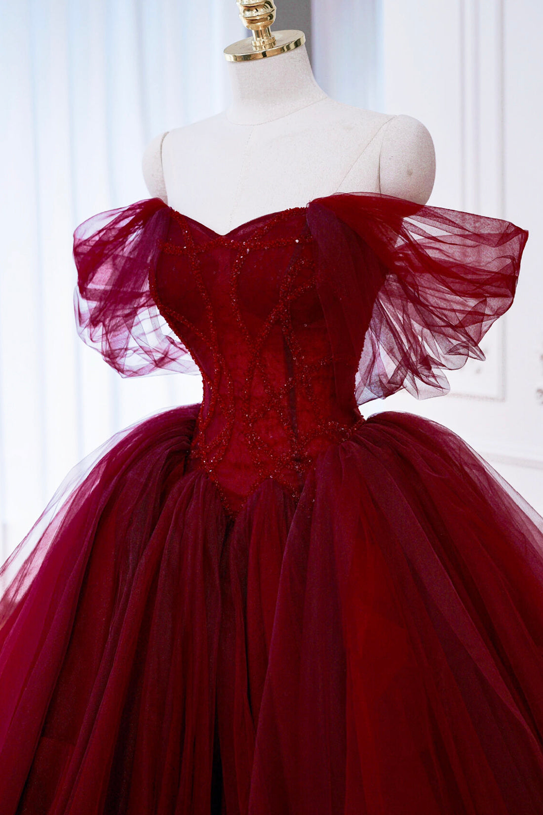 Burgundy Tulle Beaded Long Prom Gown, A-Line Off the Shoulder Formal Party Gown