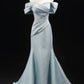 Blue Satin Floor Length Party Dress, Beautiful Off the Shoulder Evening Prom Dress