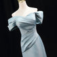 Blue Satin Floor Length Party Dress, Beautiful Off the Shoulder Evening Prom Dress