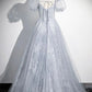 Gray Tulle Beaded Floor Length Prom Dress, A-Line Short Sleeve Evening Party Dress