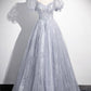 Gray Tulle Beaded Floor Length Prom Dress, A-Line Short Sleeve Evening Party Dress