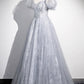 Gray Tulle Beaded Floor Length Prom Dress, A-Line Short Sleeve Evening Party Dress