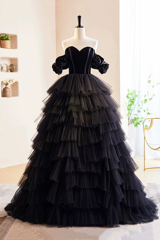 Black Layers Tulle Floor Length Formal Dress, A-Line Sweetheart Off Shoulder Evening Party Dress