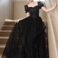 Black Shiny Tulle Short Sleeves Floor Length Party Dress, A-Line Prom Evening Dress