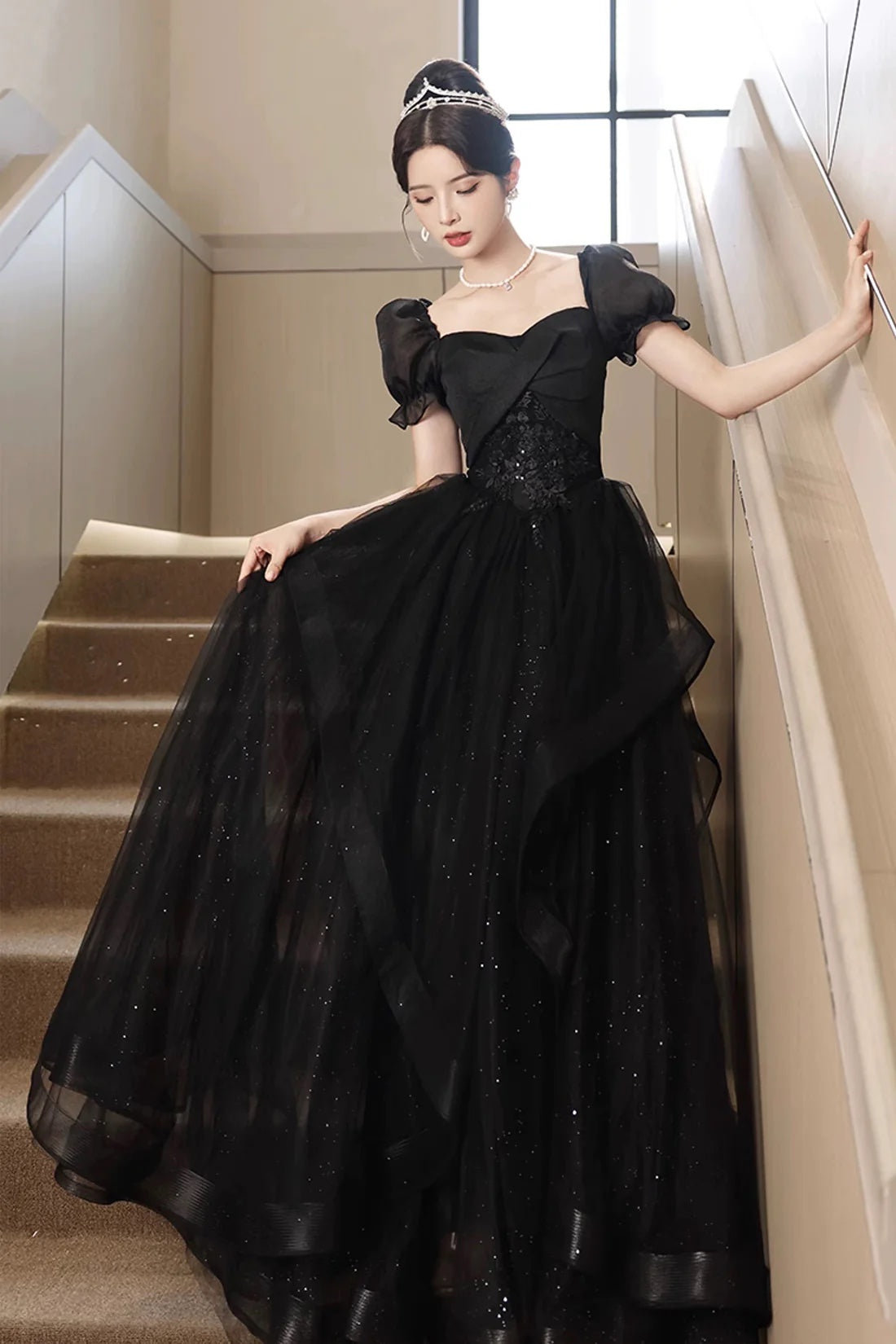 Black Shiny Tulle Short Sleeves Floor Length Party Dress, A-Line Prom Evening Dress