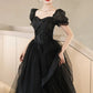 Black Shiny Tulle Short Sleeves Floor Length Party Dress, A-Line Prom Evening Dress