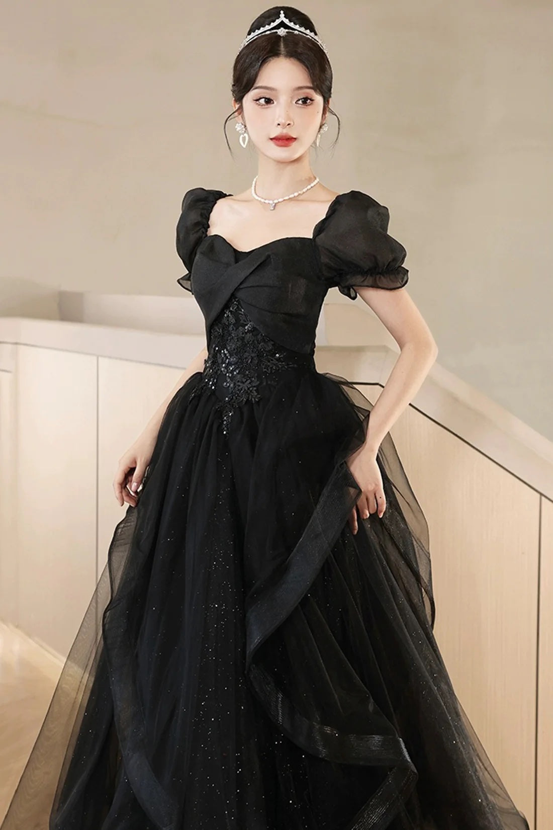 Black Shiny Tulle Short Sleeves Floor Length Party Dress, A-Line Prom Evening Dress