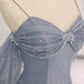 Gray Blue Tulle Floor Length Prom Dress, A-Line Spaghetti Strap Formal Party Dress