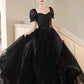 Black Shiny Tulle Short Sleeves Floor Length Party Dress, A-Line Prom Evening Dress