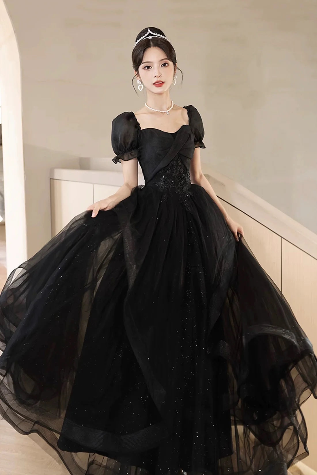 Black Shiny Tulle Short Sleeves Floor Length Party Dress, A-Line Prom Evening Dress