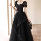 Black Shiny Tulle Short Sleeves Floor Length Party Dress, A-Line Prom Evening Dress