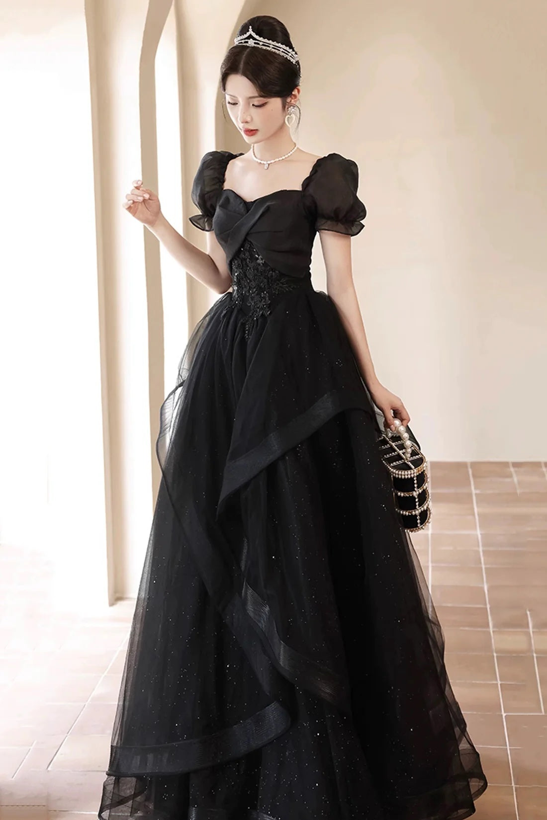 Black Shiny Tulle Short Sleeves Floor Length Party Dress, A-Line Prom Evening Dress