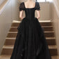 Black Shiny Tulle Short Sleeves Floor Length Party Dress, A-Line Prom Evening Dress