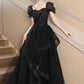 Black Shiny Tulle Short Sleeves Floor Length Party Dress, A-Line Prom Evening Dress