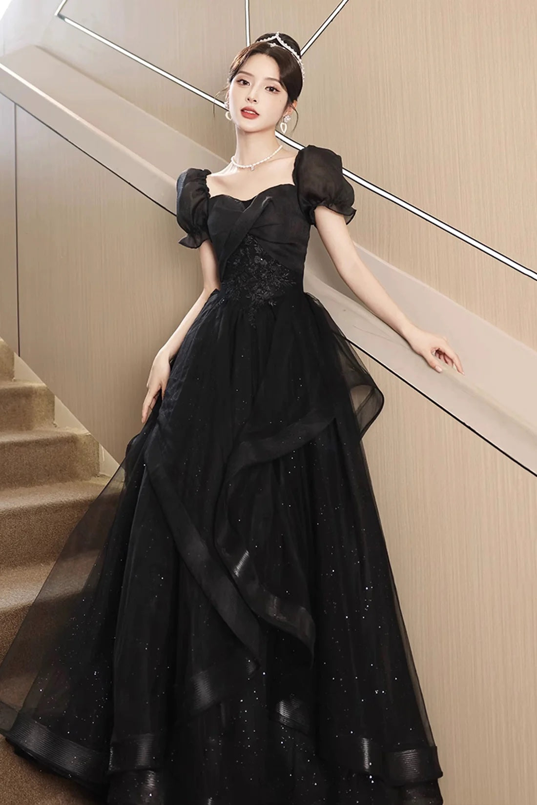 Black Shiny Tulle Short Sleeves Floor Length Party Dress, A-Line Prom Evening Dress