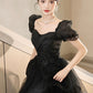 Black Shiny Tulle Short Sleeves Floor Length Party Dress, A-Line Prom Evening Dress