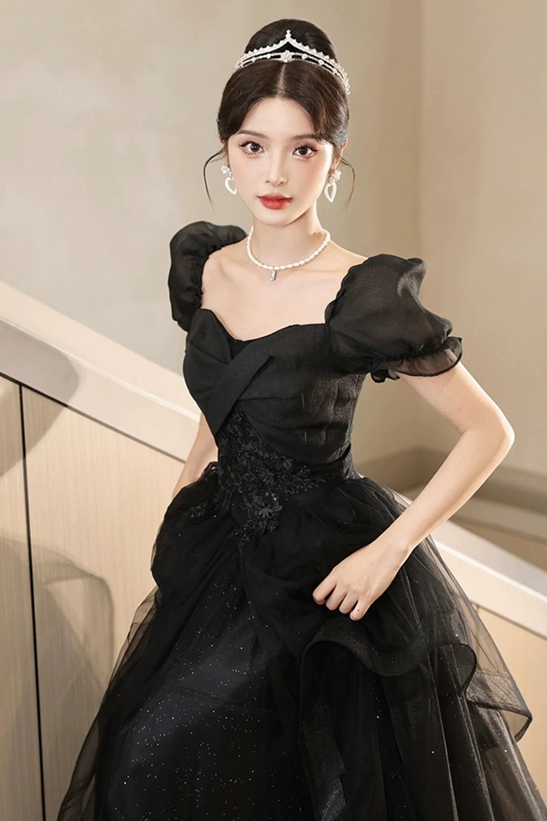 Black Shiny Tulle Short Sleeves Floor Length Party Dress, A-Line Prom Evening Dress