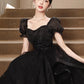 Black Shiny Tulle Short Sleeves Floor Length Party Dress, A-Line Prom Evening Dress