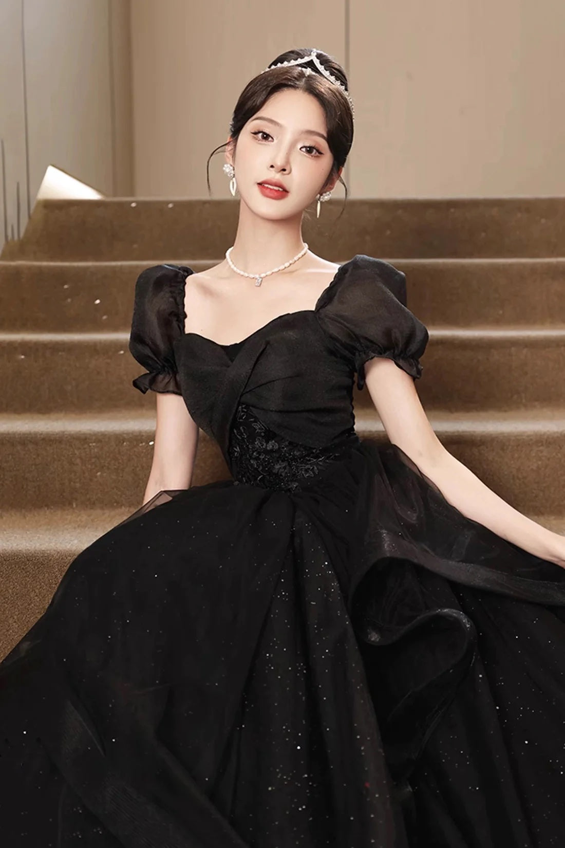 Black Shiny Tulle Short Sleeves Floor Length Party Dress, A-Line Prom Evening Dress