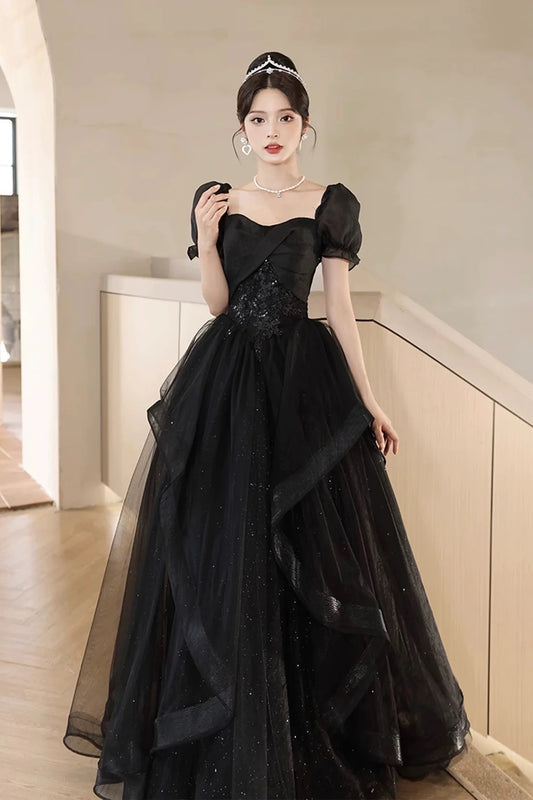 Black Shiny Tulle Short Sleeves Floor Length Party Dress, A-Line Prom Evening Dress