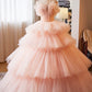 Pink Strapless Tulle Floor Length Prom Dress, Pink A-Line Formal Party Gown