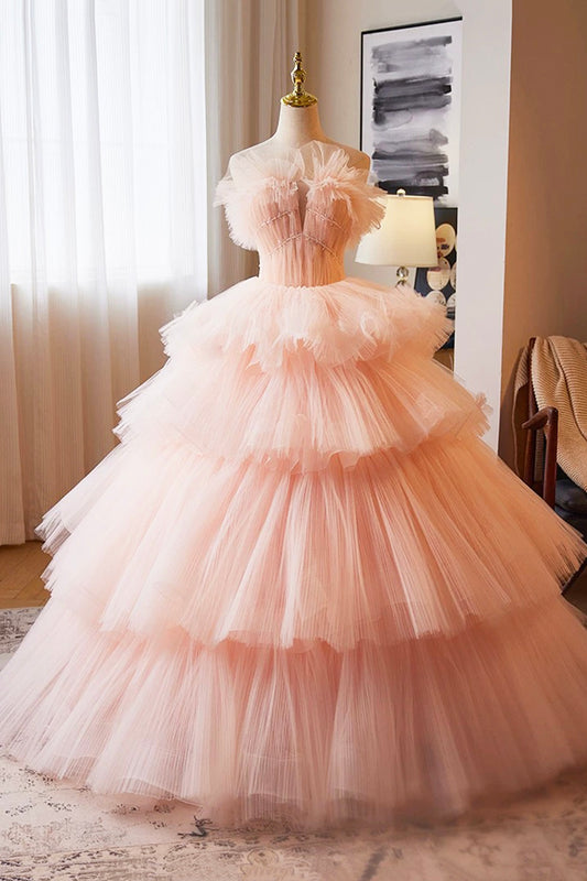 Pink Strapless Tulle Floor Length Prom Dress, Pink A-Line Formal Party Gown