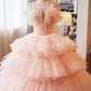 Pink Strapless Tulle Floor Length Prom Dress, Pink A-Line Formal Party Gown