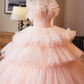 Pink Strapless Tulle Floor Length Prom Dress, Pink A-Line Formal Party Gown