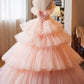 Pink Strapless Tulle Floor Length Prom Dress, Pink A-Line Formal Party Gown