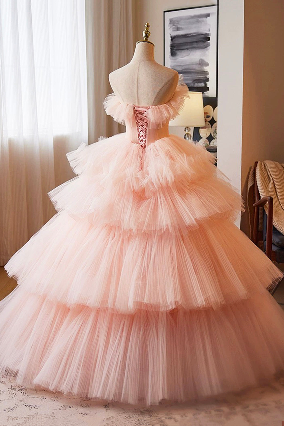 Pink Strapless Tulle Floor Length Prom Dress, Pink A-Line Formal Party Gown