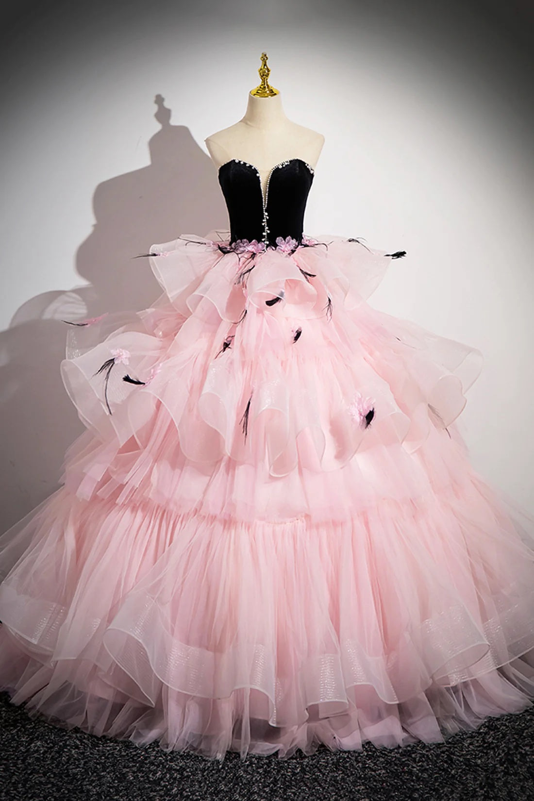 Black Velvet and Pink Tulle Long Prom Gown, Beautiful A-Line Formal Party Gown