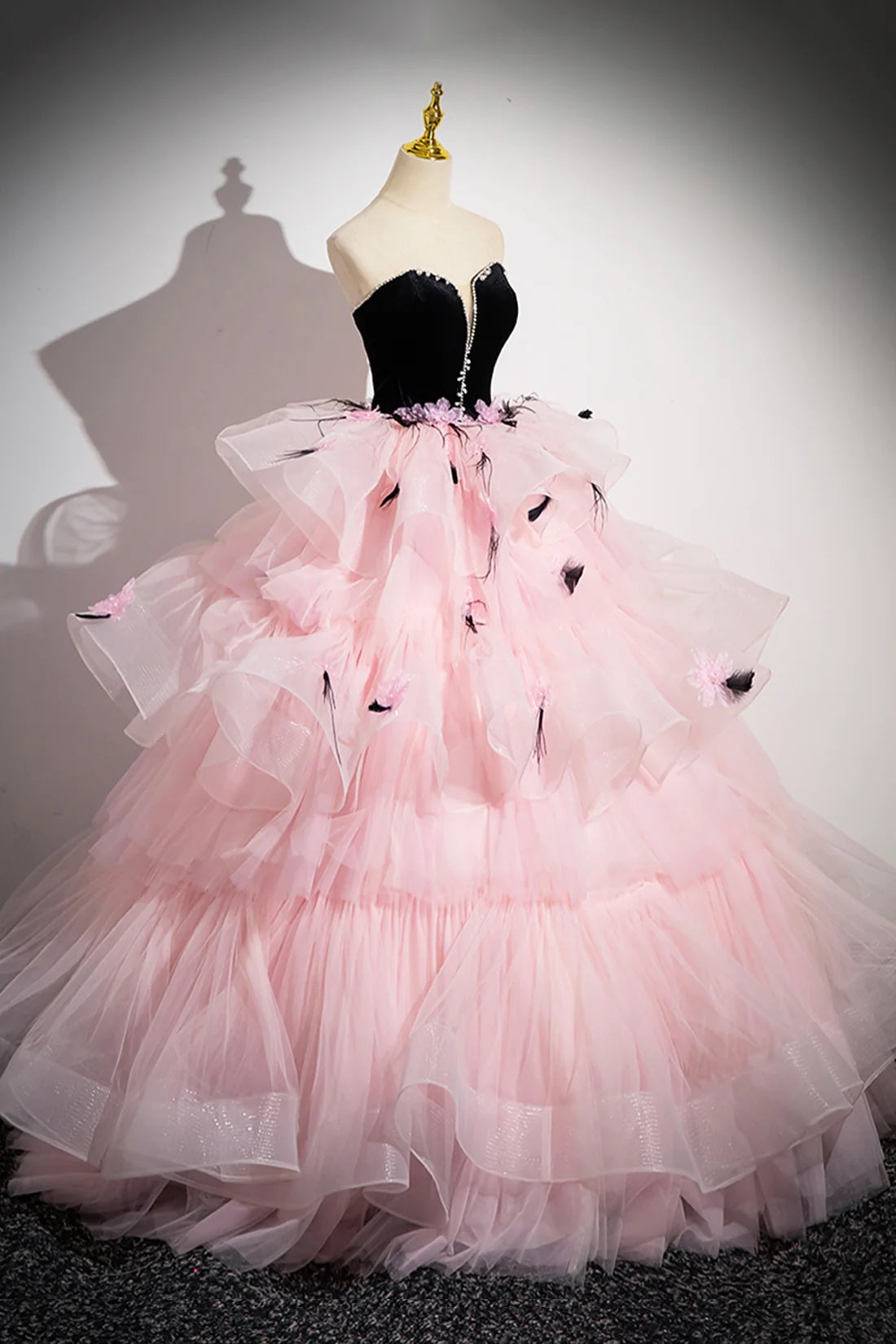 Black Velvet and Pink Tulle Long Prom Gown, Beautiful A-Line Formal Party Gown